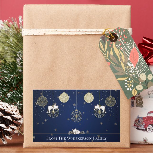 Sweet Cats Sleeping on Gold Christmas Ornaments Rectangular Sticker (Holiday)