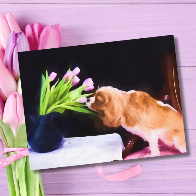 Sweet Cavalier King Charles & Pink Tulips Postcard (Creator Uploaded)