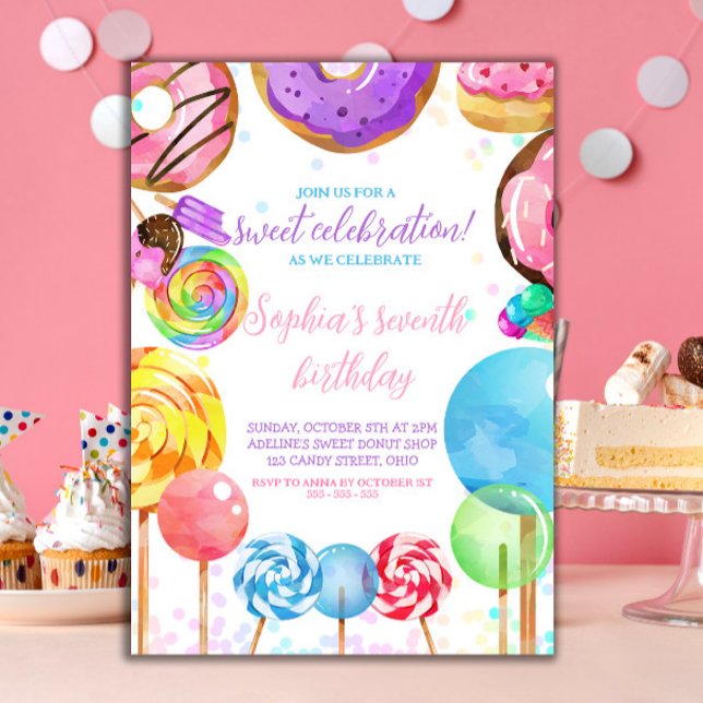 Sweet Celebration Candy Lollypops Colourful Girl  Invitation (Sweet Celebration Candyland theme Girl Birthday party invitation)