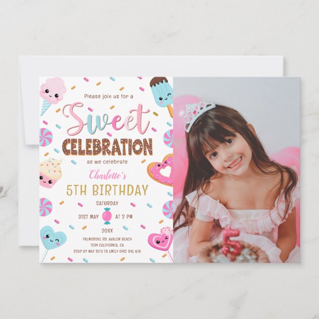 Sweet celebration Doughnut Candy Photo Birthday Invitation (Front)