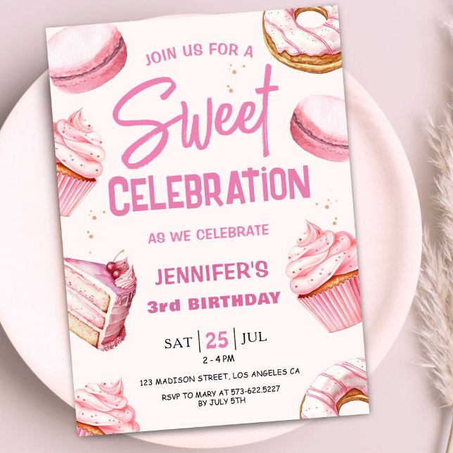 Sweet Celebration Doughnuts Pink Girl 3rd Birthday Invitation (Creator Uploaded)