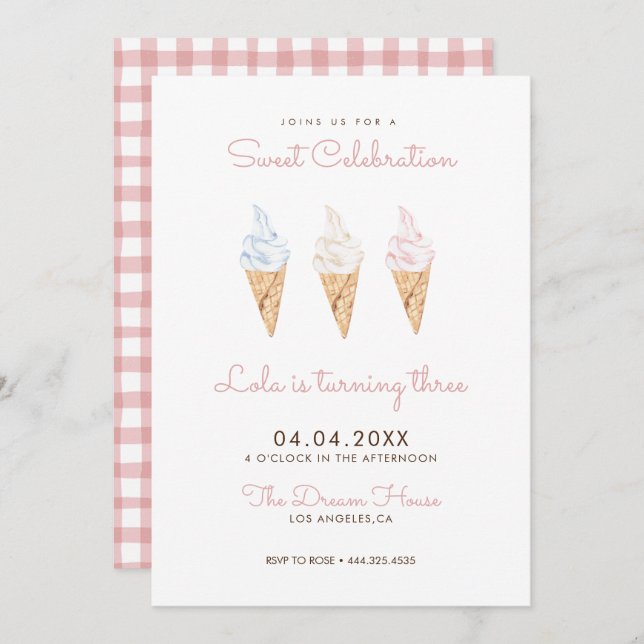 Sweet Celebration Ice Cream Pink Birthday Invitation (Front/Back)