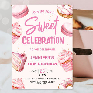 Sweet Celebration Pink Doughnuts Girl 10th Birthda Invitation