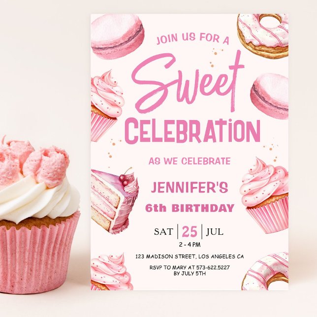 Sweet Celebration Pink Doughnuts Girl 6th Birthday Invitation (Creator Uploaded)