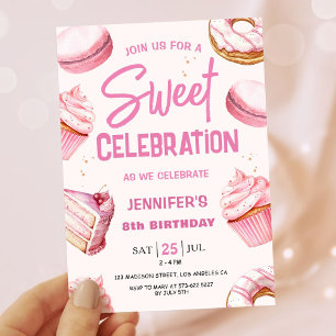 Sweet Celebration Pink Doughnuts Girl 8th Birthday Invitation