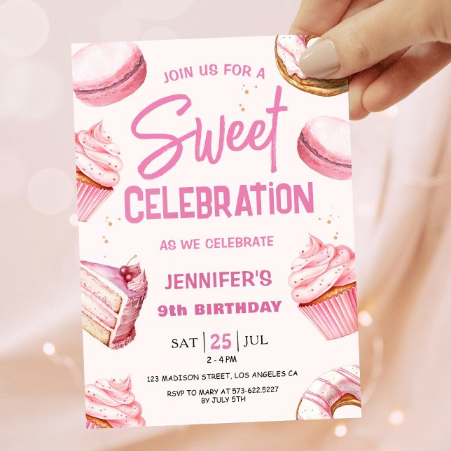 Sweet Celebration Pink Doughnuts Girl 9th Birthday Invitation (Creator Uploaded)