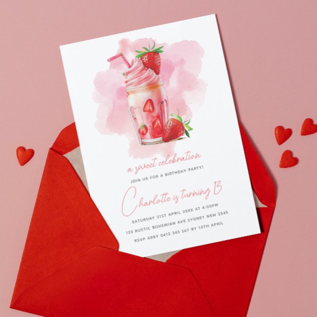 Sweet Celebration Strawberry Milkshake Birthday Invitation (Creator Uploaded)