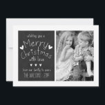 SWEET CHALKBOARD | HOLIDAY PHOTO GREETING CARD<br><div class="desc">SWEET,  RUSTIC 2014 HOLIDAY PHOTO GREETING CARD WITH BLACK CHALKBOARD DESIGN. ELKE CLARKE© HANDWRITTEN TEXT FONT WITH THE WORDS "WISHING YOU A MERRY CHRISTMAS WITH LOVE FROM OUR FAMILY TO YOURS" AND CUTE HEARTS PATTERN. THREE PHOTO COLLAGE. ONE ON FRONT AND TWO ON BACK OF CARD.</div>