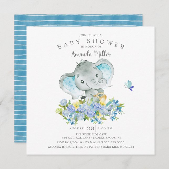 Sweet Cheerful Elephant Baby Boy Shower Invitation (Front/Back)