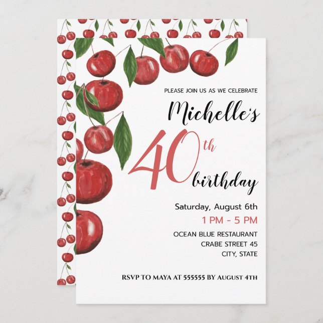Sweet Cherries Watercolor Illustration Birthday Invitation (Front/Back)