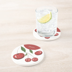 Sweet Cherries Watercolor Illustration Monogrammed Coaster