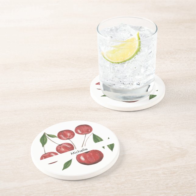 Sweet Cherries Watercolor Illustration Monogrammed Coaster (Side)