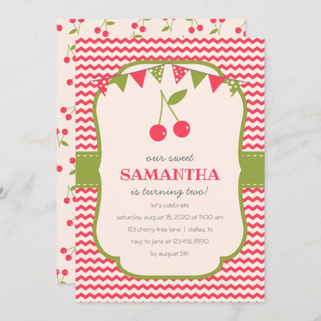 Sweet Cherry Birthday Party Invitation (Front/Back)