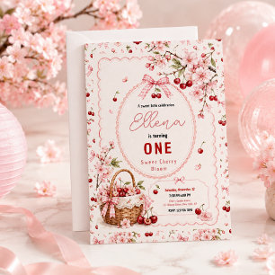 Sweet Cherry Blossom 1st Birthday girl Party Invitation