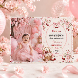 Sweet Cherry Blossom 1st Birthday girl Party Thank You Card