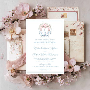 Sweet Cherry Blossom Crest Monogram Wedding Invitation