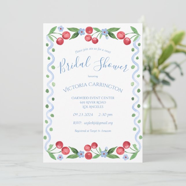 Sweet Cherry Blue Bridal Shower  Invitation (Standing Front)