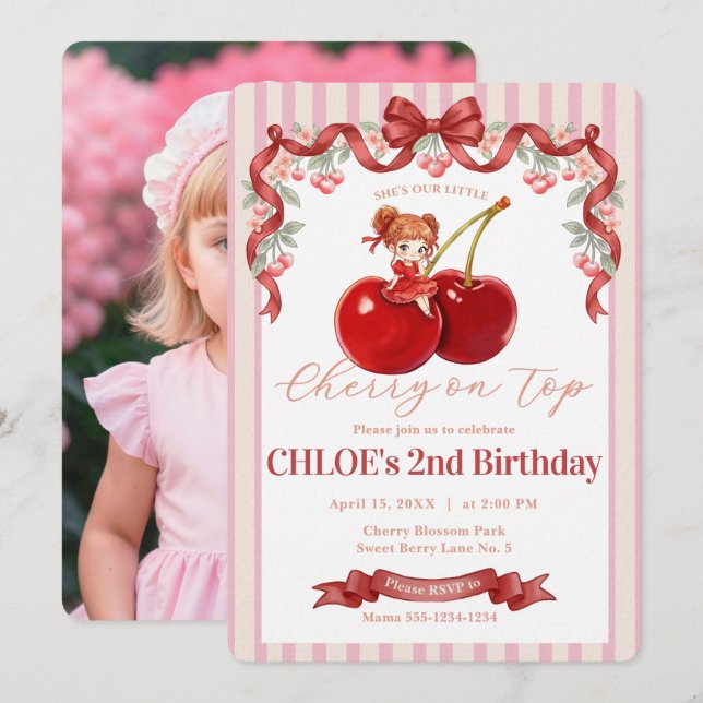 Sweet Cherry Coquette Bow Invitation Pink Photo (Front/Back)