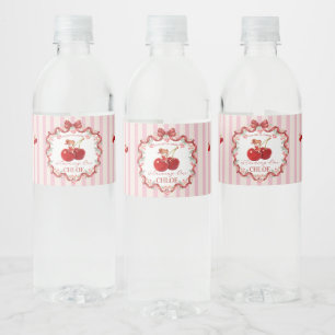 Sweet Cherry Coquette Ribbon Birthday Pink Girl Water Bottle Label