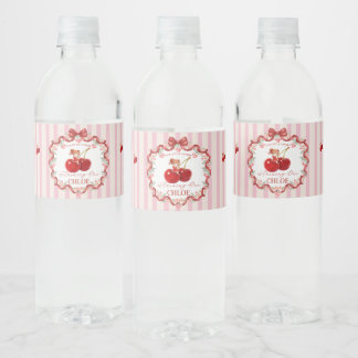 Sweet Cherry Coquette Ribbon Birthday Pink Girl Water Bottle Label