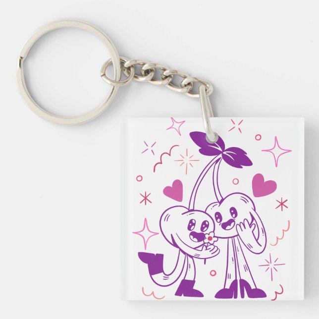 Sweet Cherry Lovers – Fun Romantic Aesthetic Art Key Ring (Front)