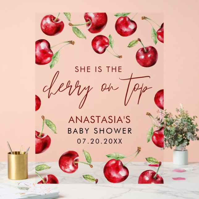 Sweet Cherry on Top Baby Shower  Acrylic Sign (Wedding)