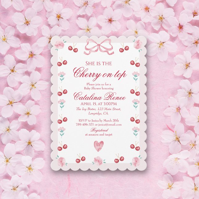 Sweet Cherry On Top Pink Bow Red Invitation (Creator Uploaded)