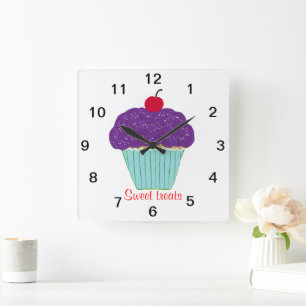 Sweet Cherry on Top Purple Frosting Cupcake Square Wall Clock