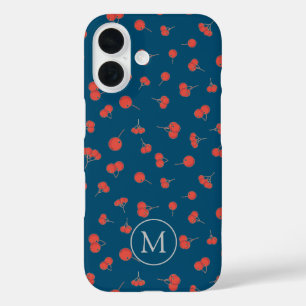 Sweet Cherry Pattern on Dark Blue Monogram iPhone 16 Case