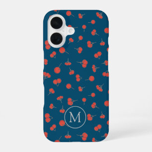 Sweet Cherry Pattern on Dark Blue Monogram iPhone 16 Case