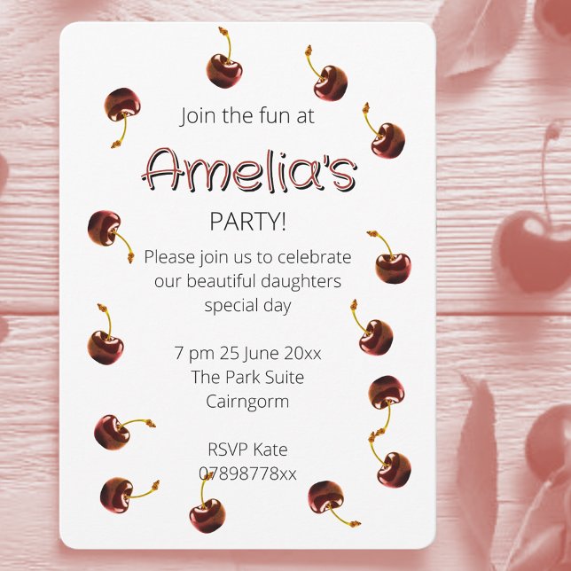Sweet Cherry Personalised Birthday Party Invitation (Cherry coded party invites.)