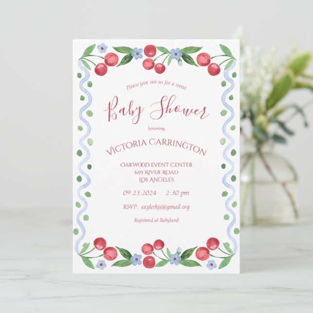 Sweet Cherry Red Baby Shower  Invitation (Standing Front)