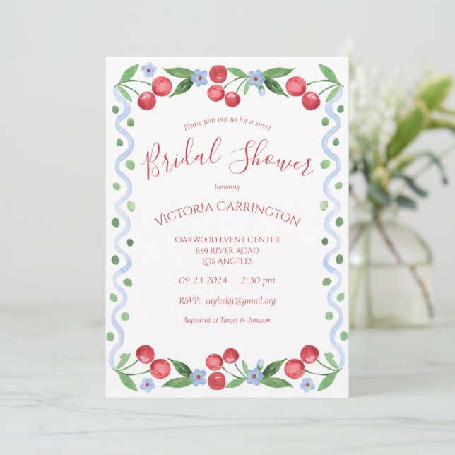 Sweet Cherry Red Bridal Shower  Invitation (Standing Front)