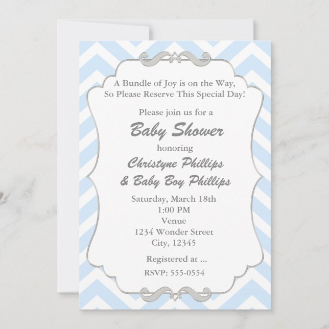 Sweet Chevron Grey & Blue Baby Shower Invitation (Front)