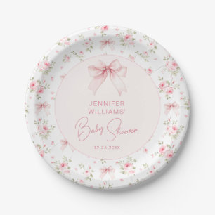 Sweet Chic Pink Floral Bow Baby Girl Shower Paper Plate