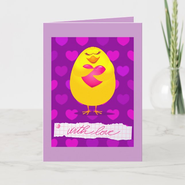 Sweet chick in love with message, greeting card (Front)