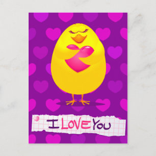 Sweet chick in love with message, postcard