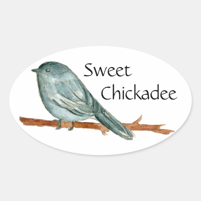 Sweet Chickadee Bird Watercolor Illustration Oval Sticker (Front)