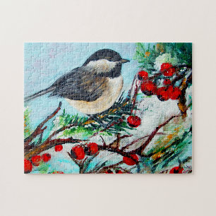 Sweet Chickadee Song Bird Berries Winter Scene Jigsaw Puzzle
