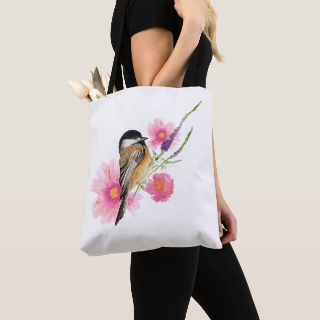 Sweet Chickadee Watercolor Art Tote Bag (Close Up)