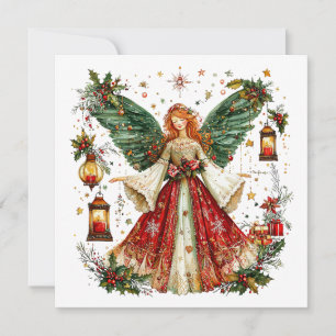Sweet Christmas Angel & lighted lanterns & berries Holiday Card