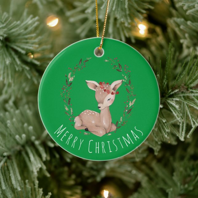 Sweet Christmas Fawn Wreath  Ceramic Tree Decoration (Tree)
