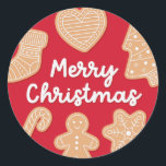 Sweet Christmas Gingerbread Cookies Classic Round Sticker<br><div class="desc">Adorable Merry Christmas sticker design with gingerbread cookies shaped like Christmas trees, snowflakes, stockings, candy canes and gingerbread men. The cute design in red and golden brown, is perfect to add some sweetness to your Holiday gifts. All artwork is original and designed by Creative Wolf Design. CHANGES: If you'd like...</div>
