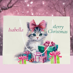 Sweet Christmas Kitten Big Pink Bow Add Name Large Gift Bag
