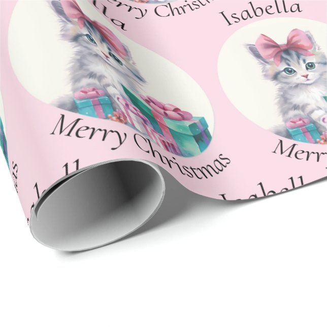 Sweet Christmas Kitten Big Pink Bow Add Name Wrapping Paper (Roll Corner)