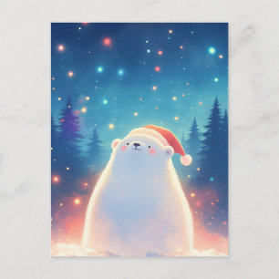 Sweet Christmas Polar Bear in Starry Forest Postcard