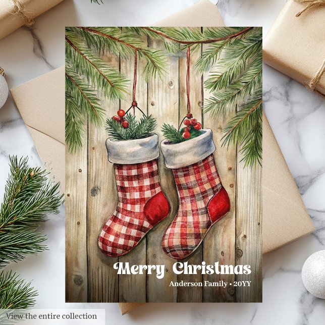Sweet Christmas stocking vintage holly berries Holiday Card (Sweet Christmas stocking vintage holly berries Holiday Card)