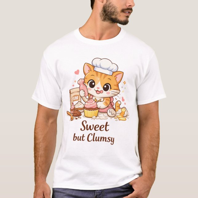 Sweet Clumsy Cat Baking Cupcakes T-Shirt (Front)
