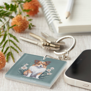 Sweet Collie surrounded by flowers - Key Ring