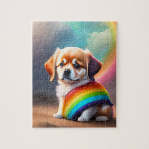 Sweet Colourful Cute Baby Dog With Rainbow Jigsaw Puzzle